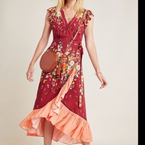 FARM Rio Dresses & Skirts - FARM Rio Red Asymmetrical Sundress with Flutter Cap Sleeves V-Neck
